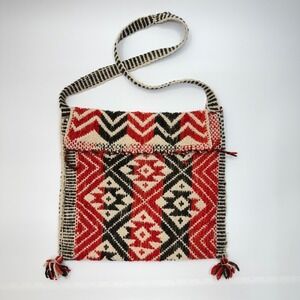 Woven Wool Aztec Shoulder Bag Ethnic Tribal Style Red Black Cream Tapestry Purse